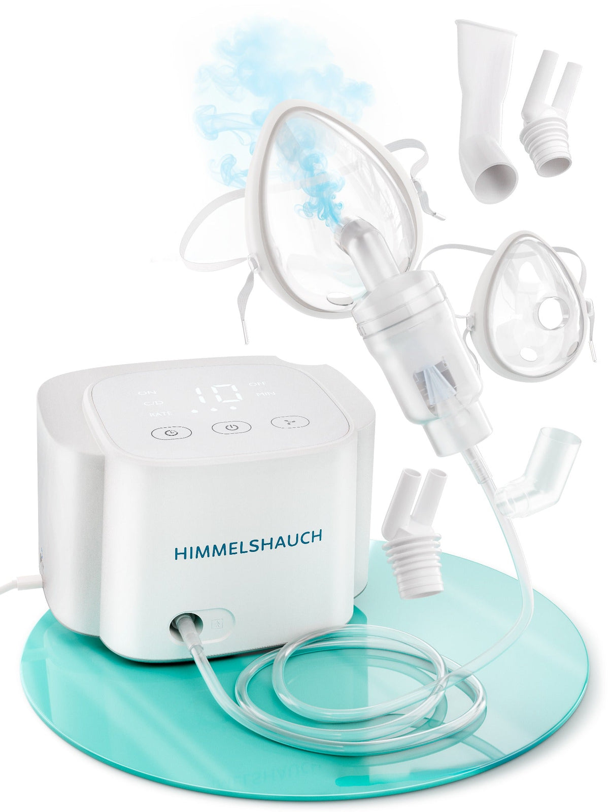 HIMMELSHAUCH Kompressor-Inhalator mit Masken, Verneblerbehälter, Schlauch und Aufsätzen auf weißem Hintergrund
