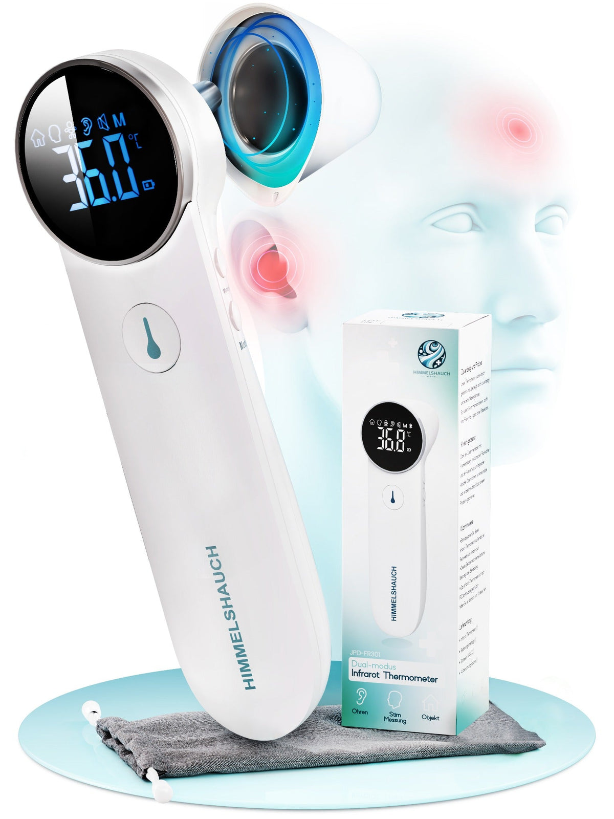 HIMMELSHAUCH JPD-FR301 Fieberthermometer in Weiß mit Verpackung, Aufbewahrungsbeutel und Darstellung der Messbereiche