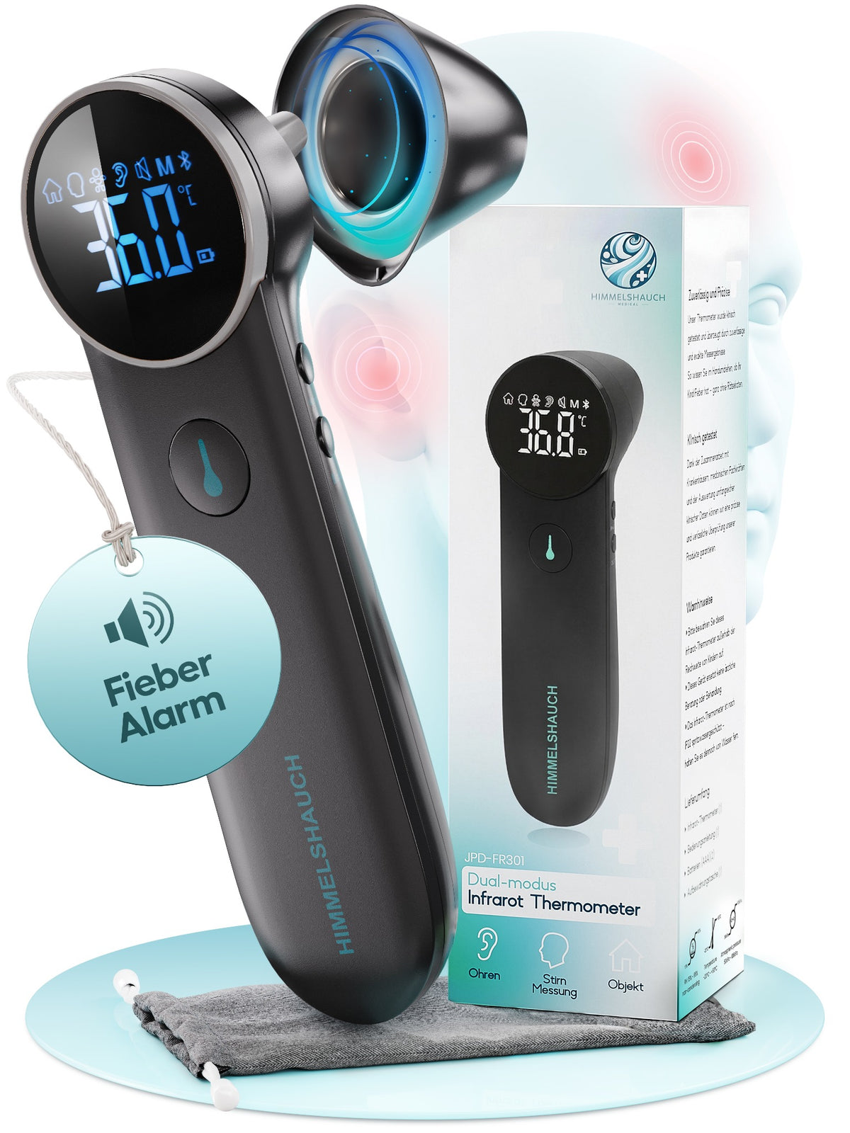 HIMMELSHAUCH JPD-FR301 Fieberthermometer in Schwarz mit Verpackung und Aufbewahrungsbeutel