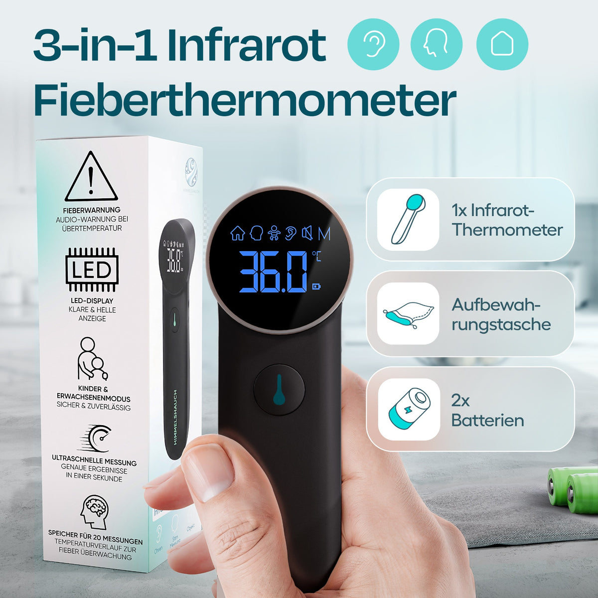 Schwarzes 3-in-1-Fieberthermometer mit Aufbewahrungstasche und zwei Batterien
