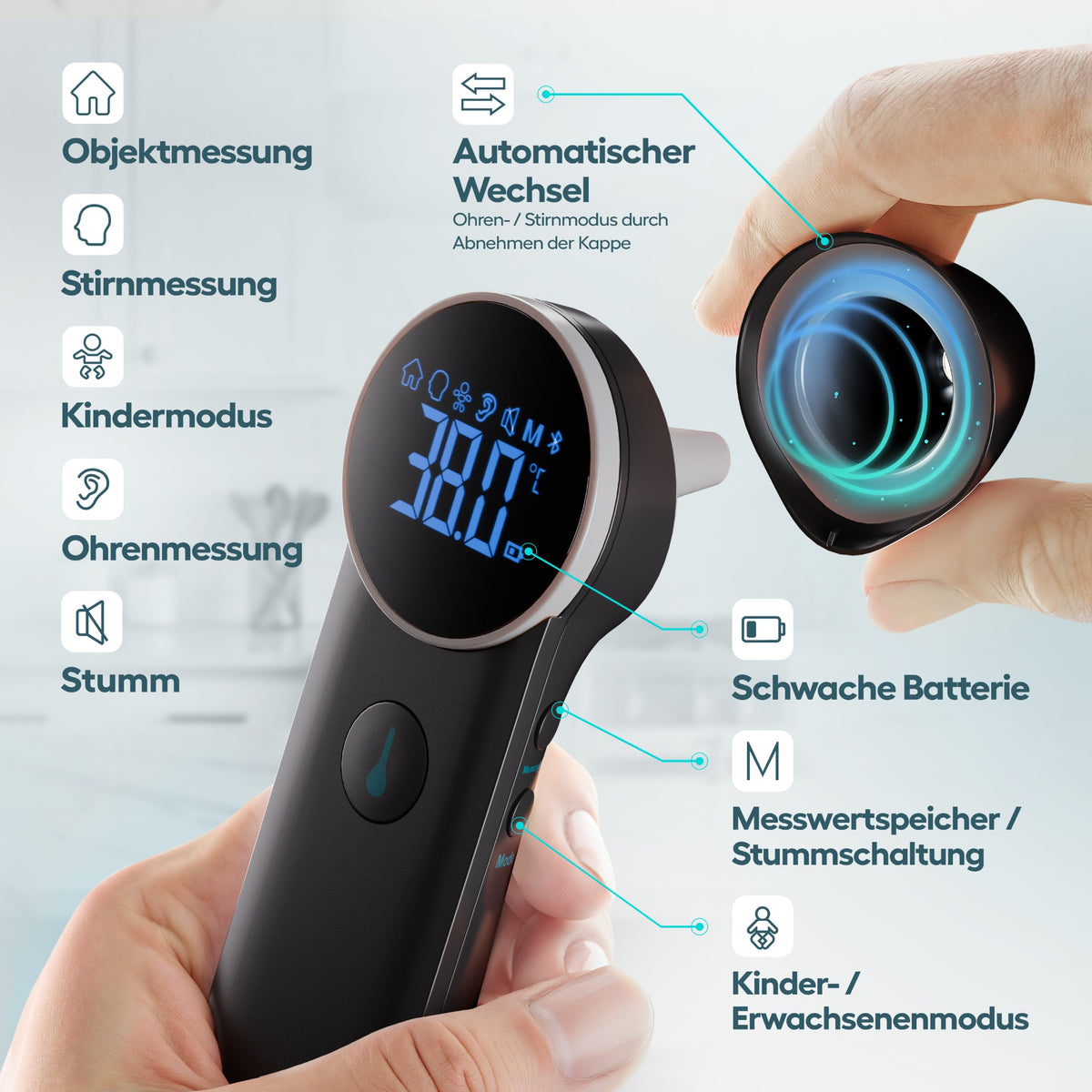 Messmodi und Bedienelemente des schwarzen JPD-FR301 Fieberthermometers