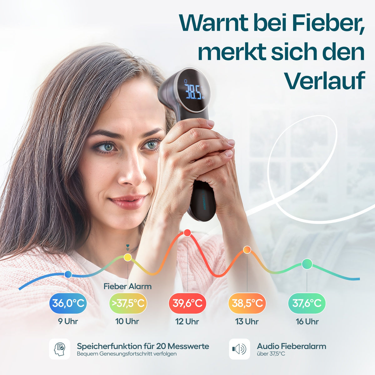 Schwarzes Fieberthermometer mit Darstellung von Fieberalarm und Messwertspeicher