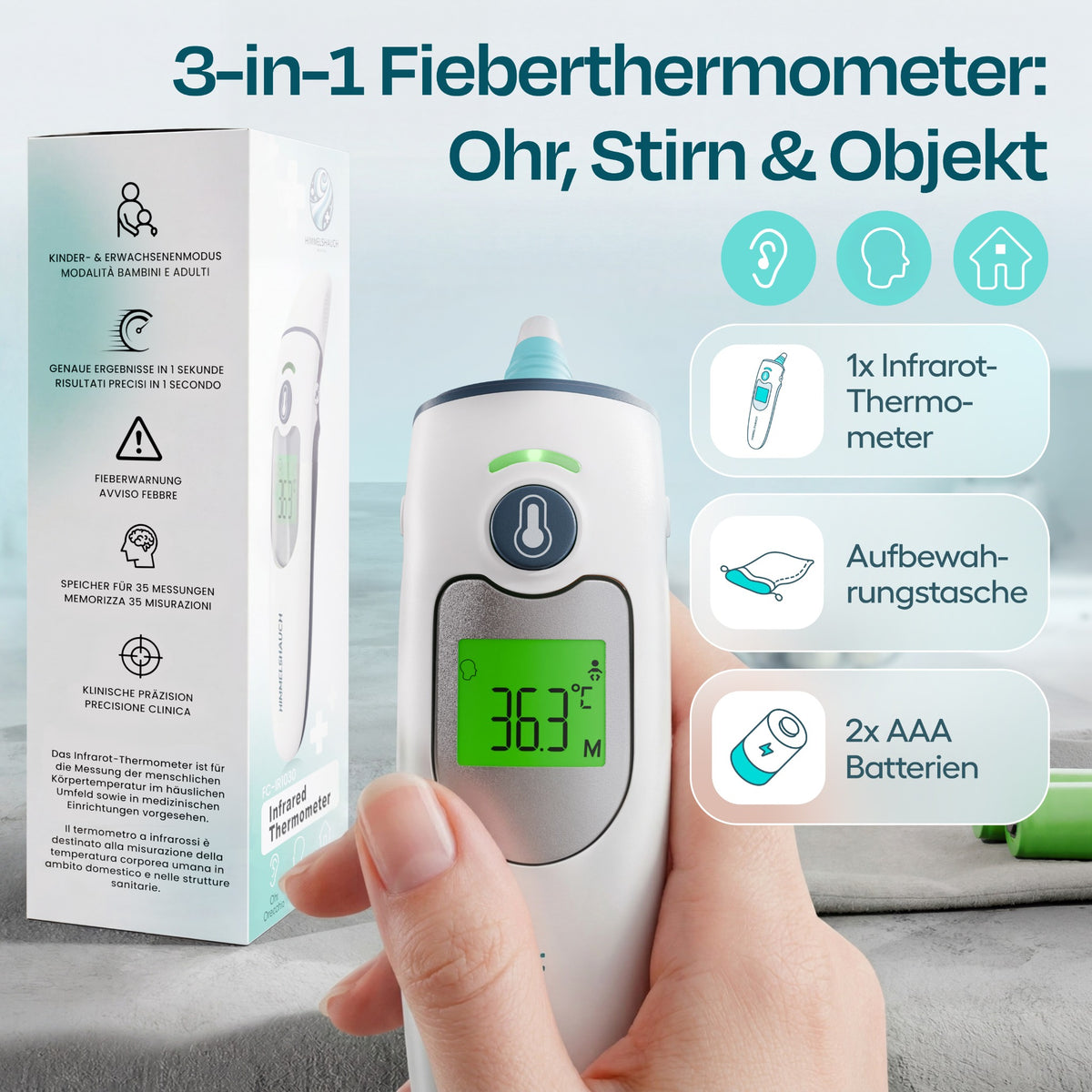 3-in-1-Fieberthermometer FC-IR1030 für Ohr, Stirn und Objekte mit Aufbewahrungstasche und zwei AAA-Batterien