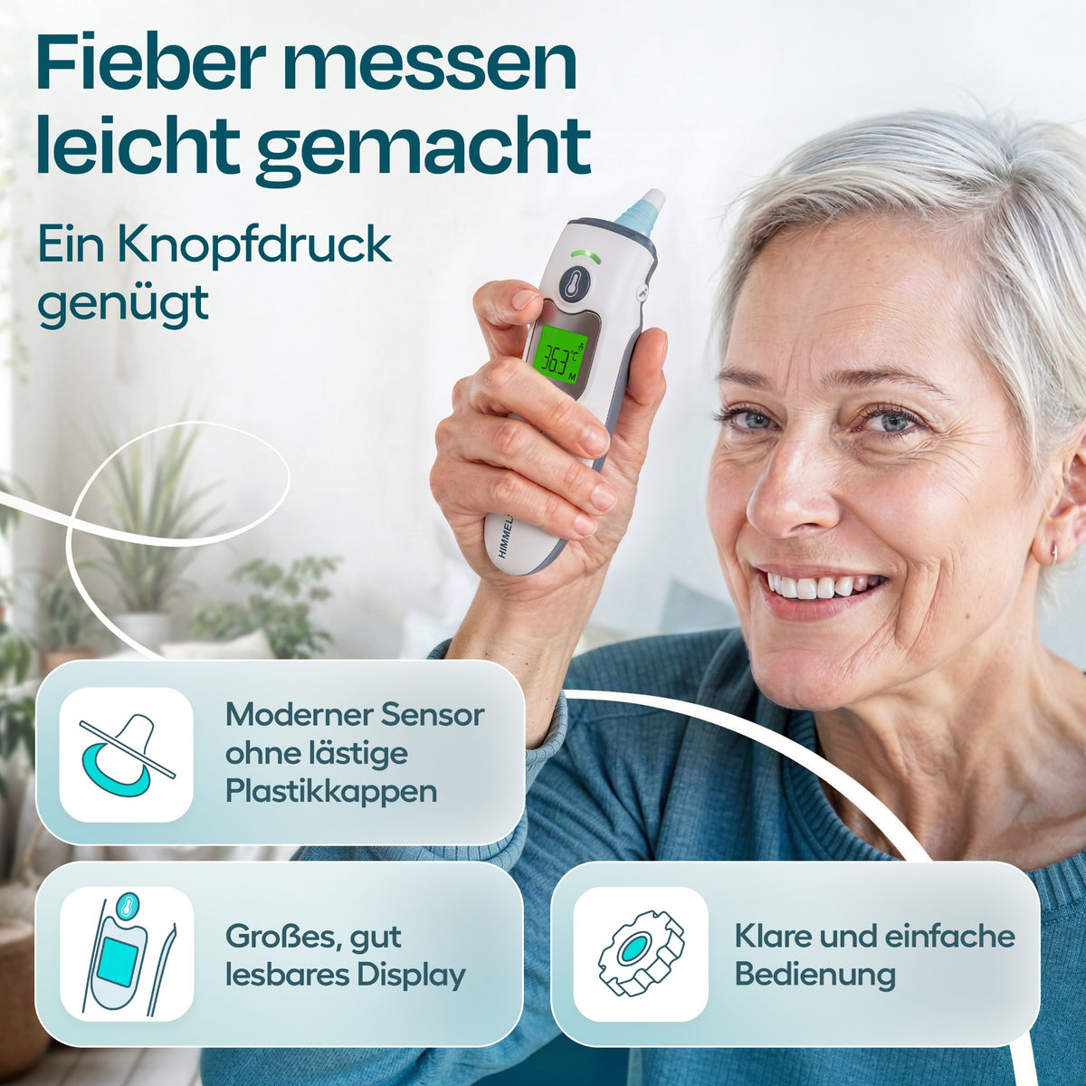 Frau hält das HIMMELSHAUCH Fieberthermometer FC-IR1030; Übersicht zu Display, Sensor und einfacher Bedienung
