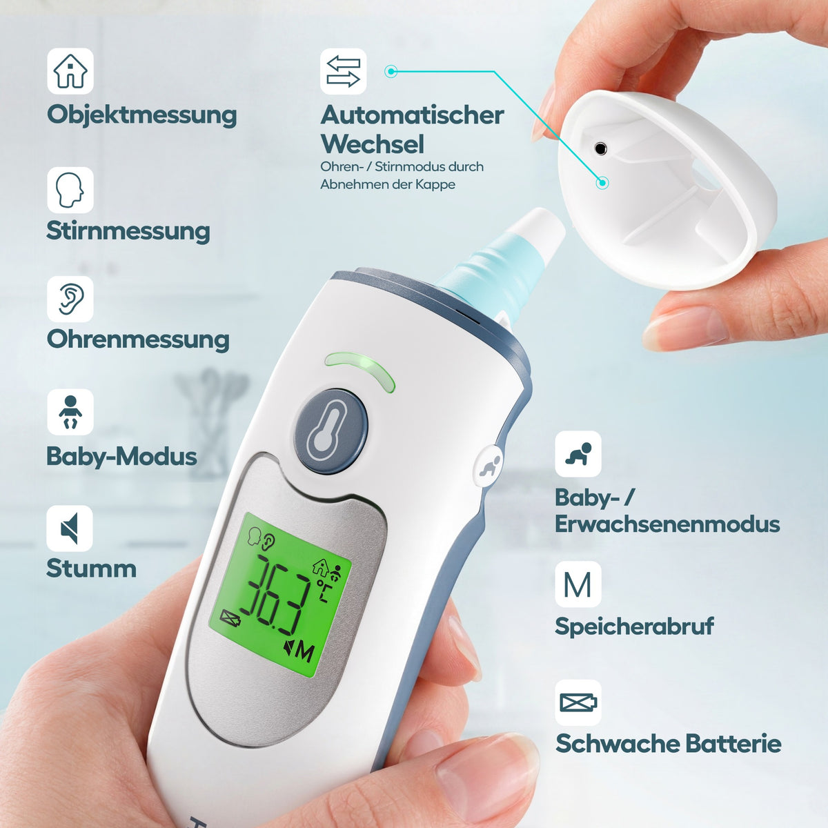 FC-IR1030 mit abgenommener Kappe; Übersicht zu Messmodi, Stummschaltung, Speicher und Batterieanzeige