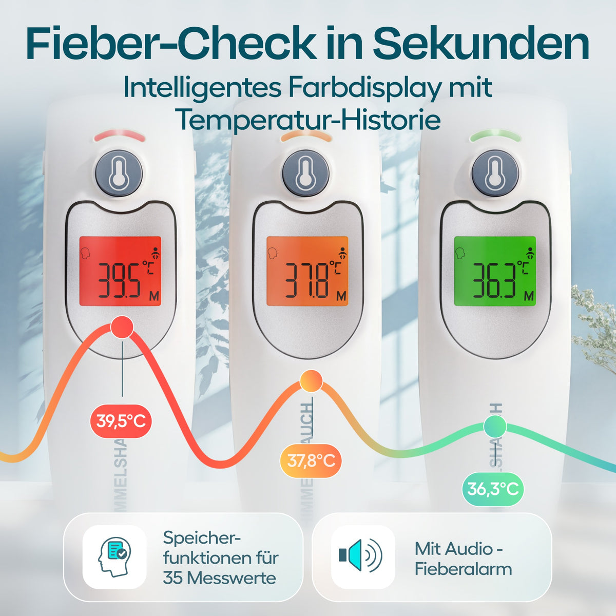 Farbdisplay des FC-IR1030 mit grüner, oranger und roter Temperaturanzeige, Speicher für 35 Messwerte und Fieberalarm