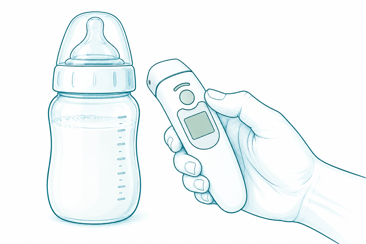 Vereinfachte Darstellung des FC-IR1030 mit Kappe vor einer Babyflasche.