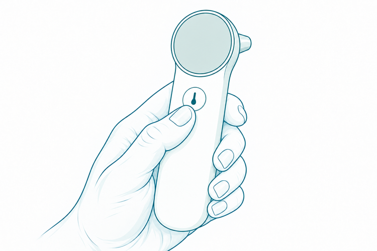 Hand an der Messtaste des JPD-FR301, als schlichte Linienillustration.