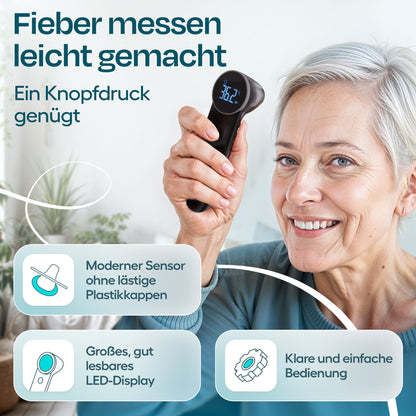 Anwendung des schwarzen Fieberthermometers mit Ein-Knopf-Bedienung und LED-Display 
