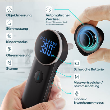 Messmodi und Bedienelemente des schwarzen JPD-FR301 Fieberthermometers 