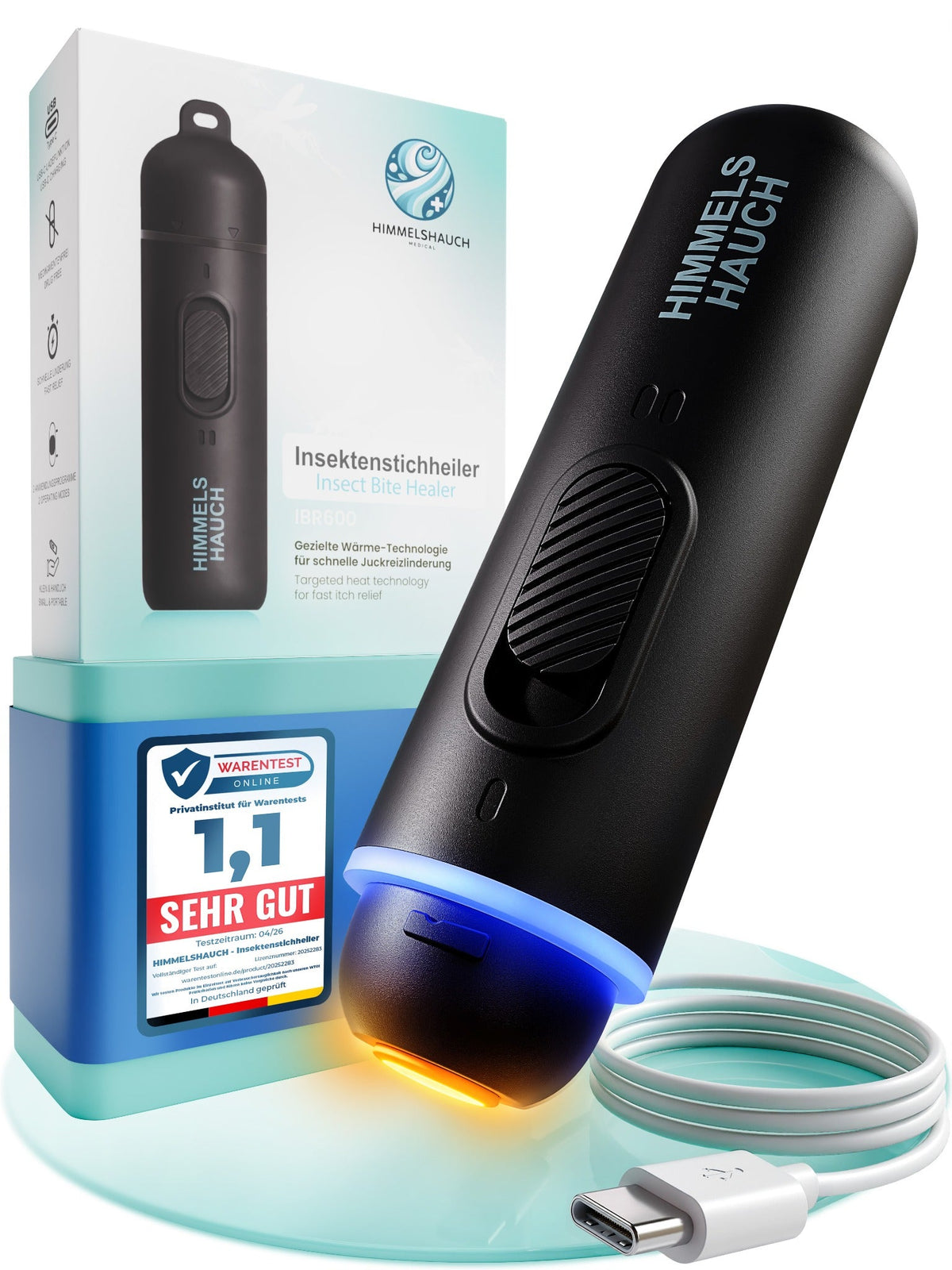 HIMMELSHAUCH Insektenstichheiler in Schwarz mit Verpackung, Testsiegel und USB-C-Kabel