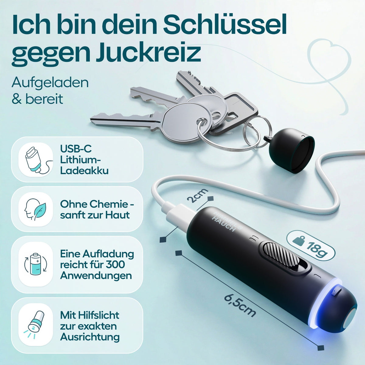HIMMELSHAUCH MEDICAL Insektenstichheiler in Schwarz mit USB-C-Ladeanschluss, Schlüsselring und Angaben zu Größe und Gewicht