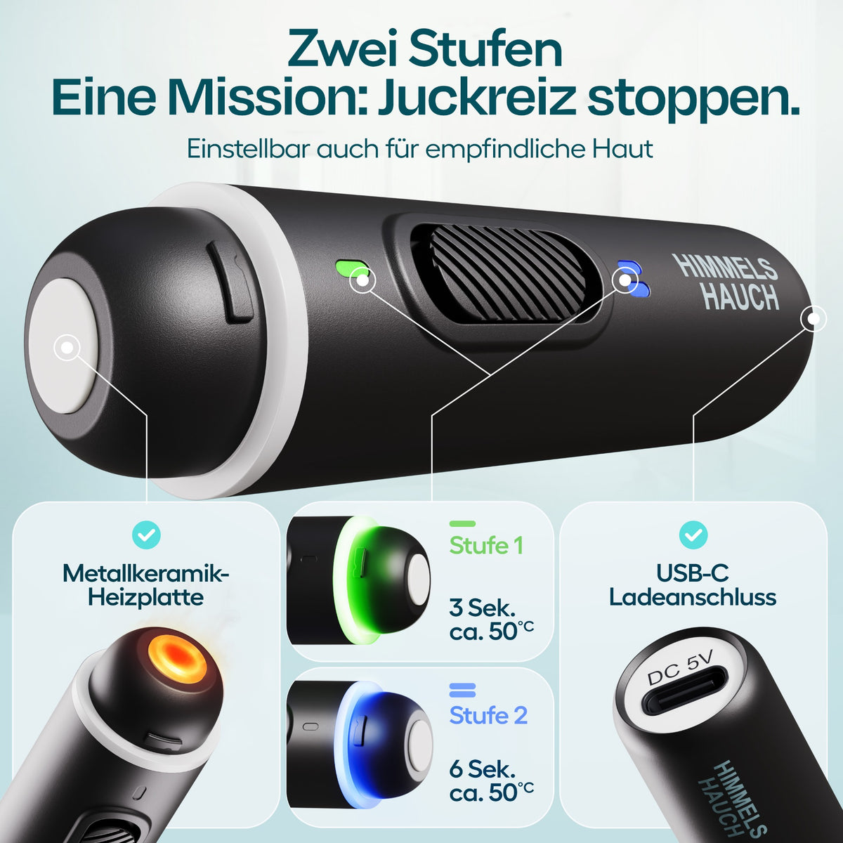 HIMMELSHAUCH MEDICAL Insektenstichheiler in Schwarz mit zwei Anwendungsstufen, Heizplatte und USB-C-Ladeanschluss