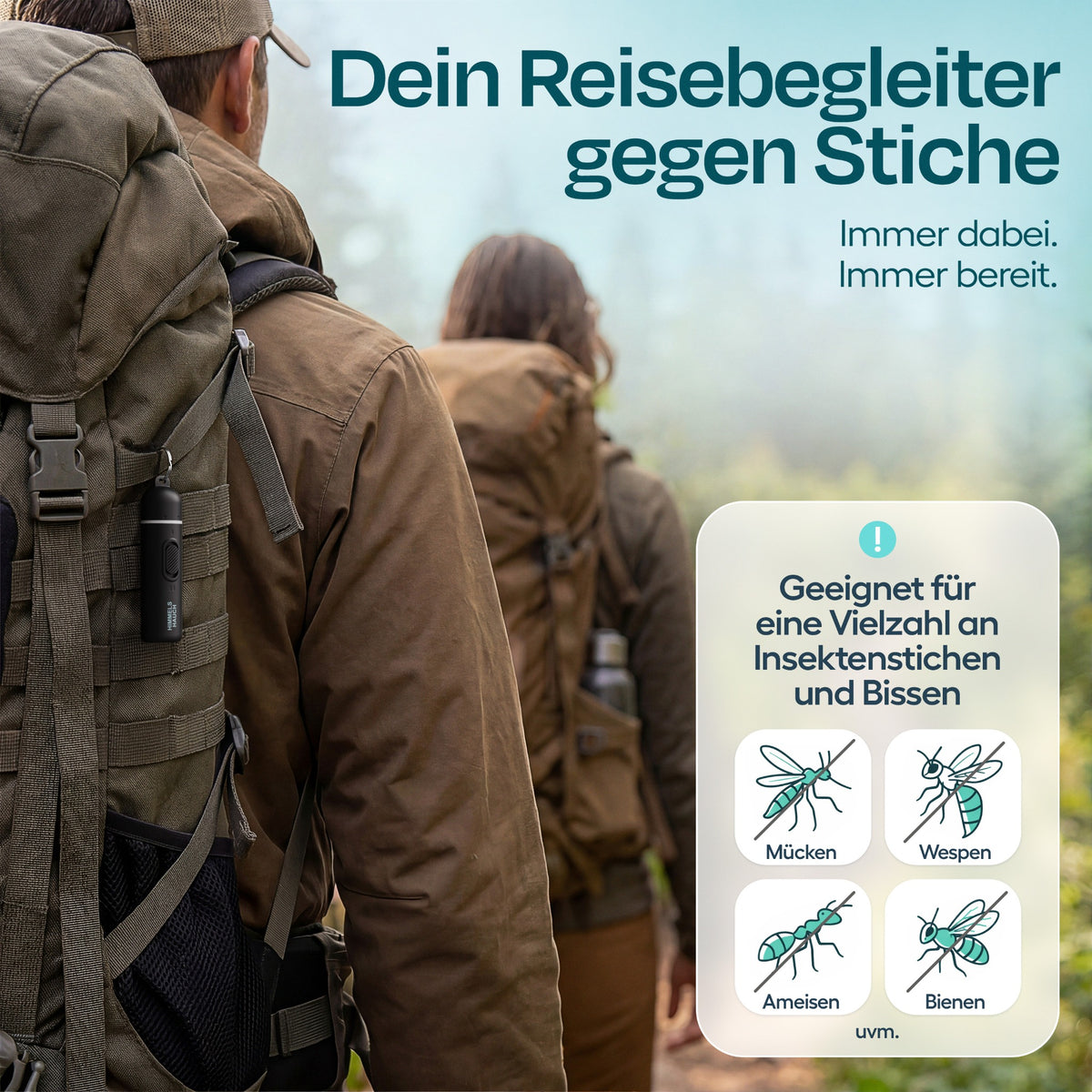 HIMMELSHAUCH MEDICAL Insektenstichheiler in Schwarz am Rucksack befestigt bei einer Wanderung