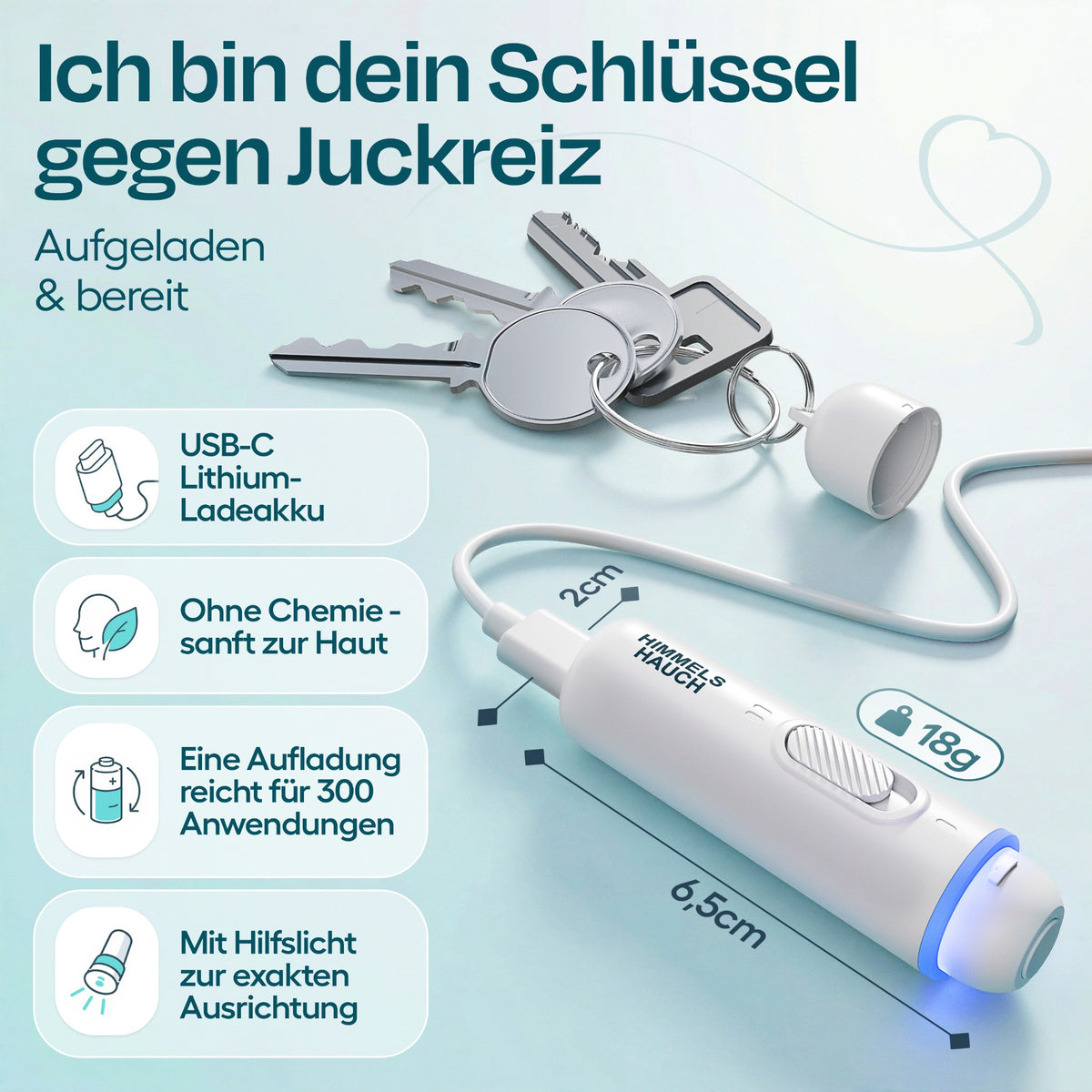HIMMELSHAUCH MEDICAL Insektenstichheiler in Weiß mit USB-C-Ladeanschluss, Schlüsselring und Angaben zu Größe und Gewicht