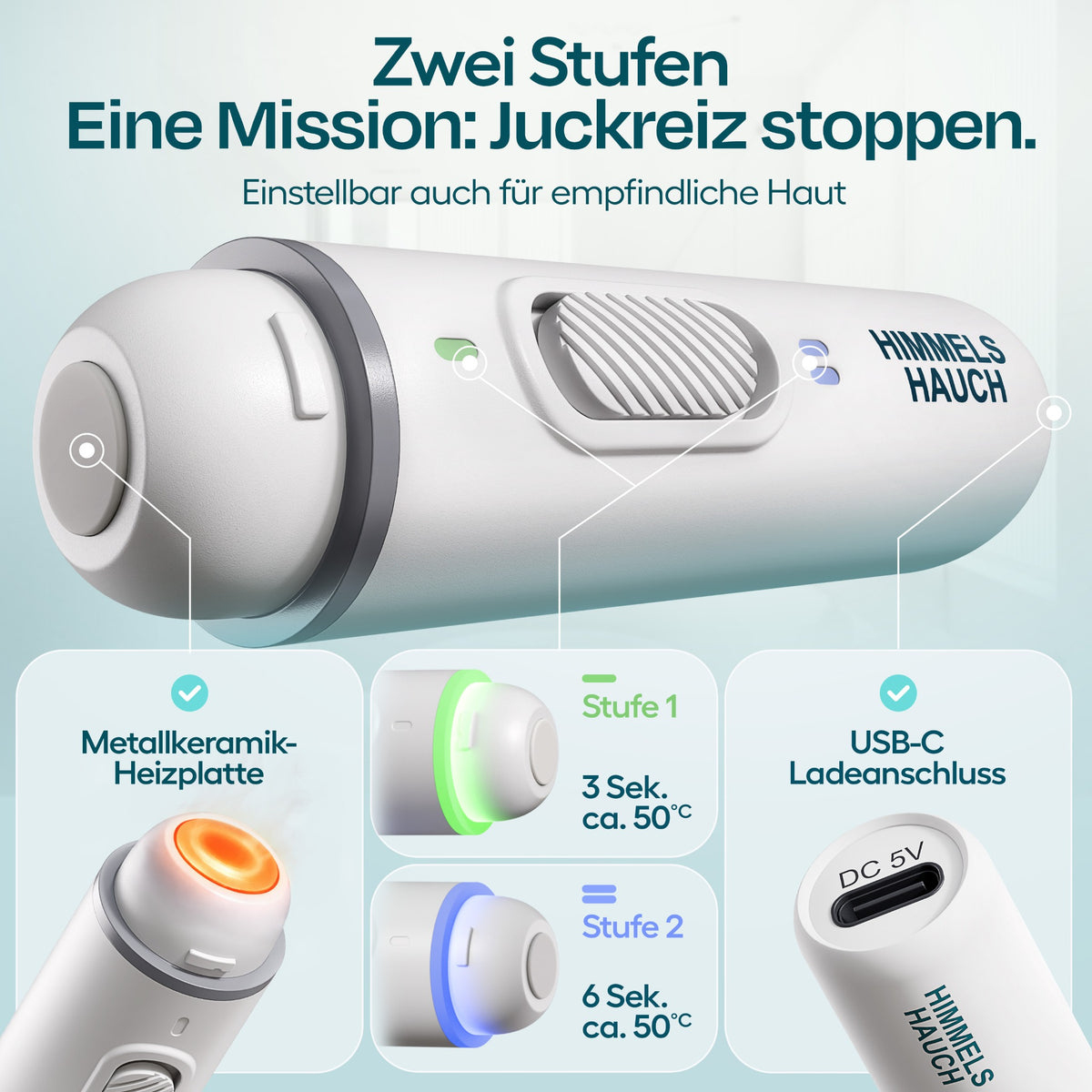 HIMMELSHAUCH MEDICAL Insektenstichheiler in Weiß mit zwei Anwendungsstufen, Heizplatte und USB-C-Ladeanschluss