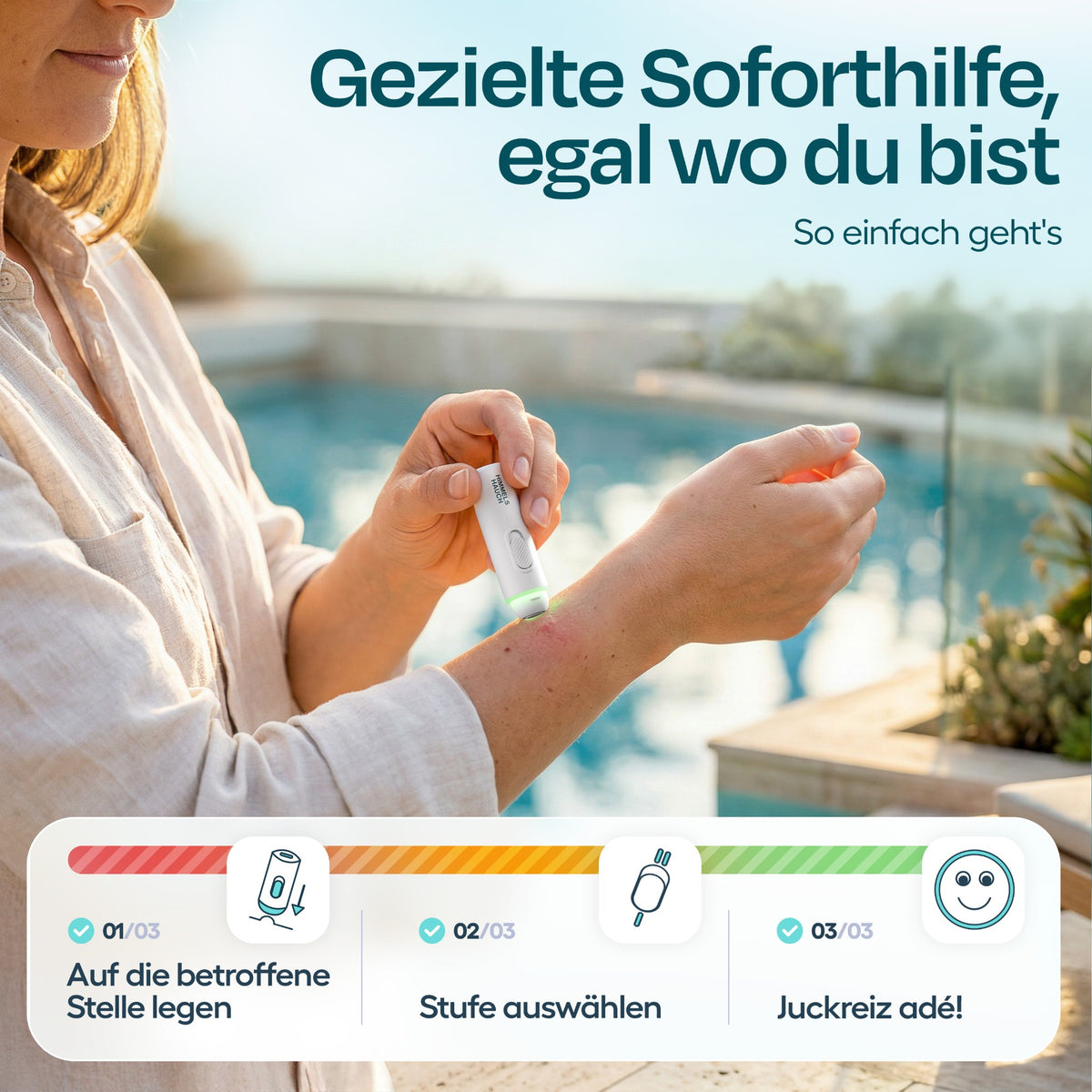 HIMMELSHAUCH MEDICAL Insektenstichheiler in Weiß bei der Anwendung am Unterarm mit bebilderter Schritt-für-Schritt-Anleitung