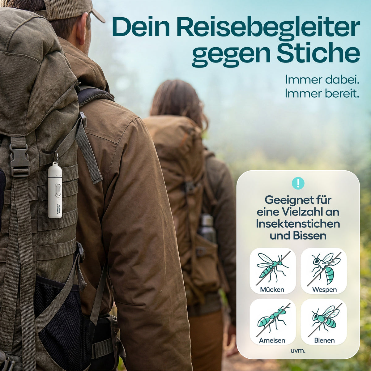 HIMMELSHAUCH MEDICAL Insektenstichheiler in Weiß am Rucksack befestigt bei einer Wanderung