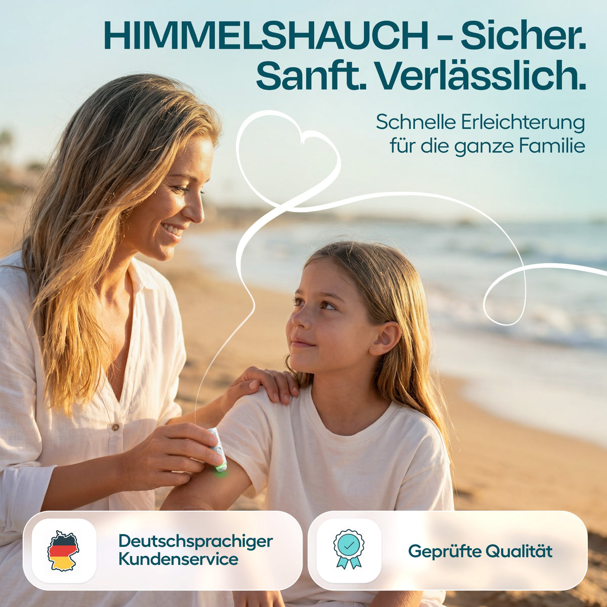 HIMMELSHAUCH MEDICAL Insektenstichheiler in Weiß bei der Anwendung durch eine Mutter am Arm ihres Kindes