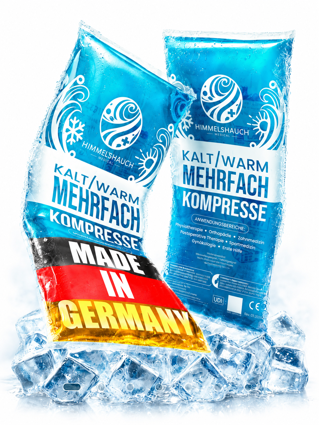 HIMMELSHAUCH MEDICAL Kühlpads im 2er-Set, 12 × 29 cm, auf Eis mit weich weiß auslaufendem Hintergrund