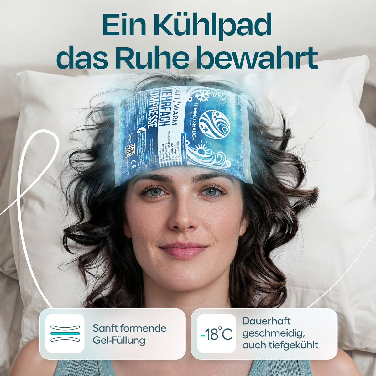 Kühlpad auf der Stirn einer liegenden Frau – flexible Gel-Füllung auch bei minus 18 Grad