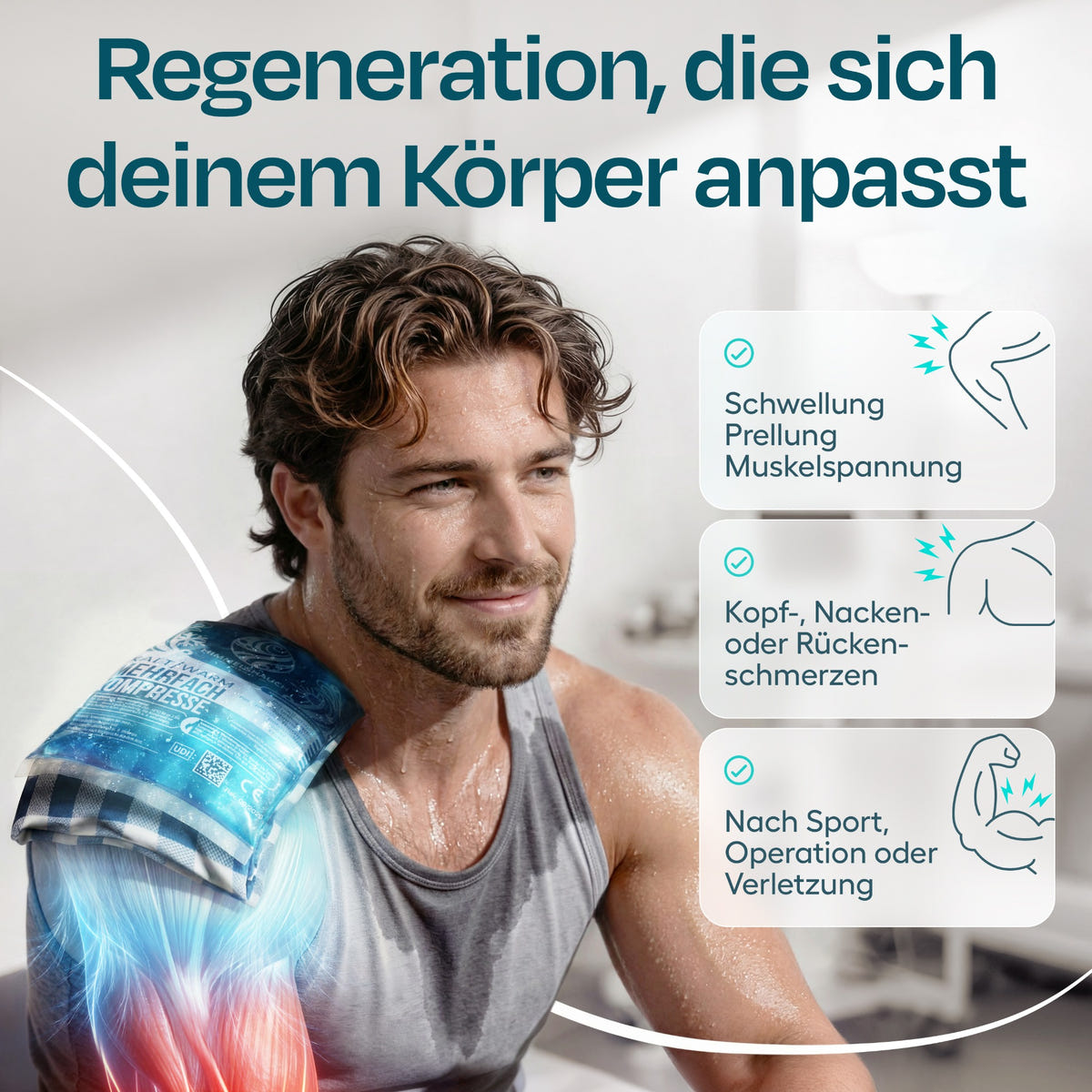 Mann mit Gelkompresse an der Schulter – Anwendungsbereiche der Kalt-Warm-Kompressen