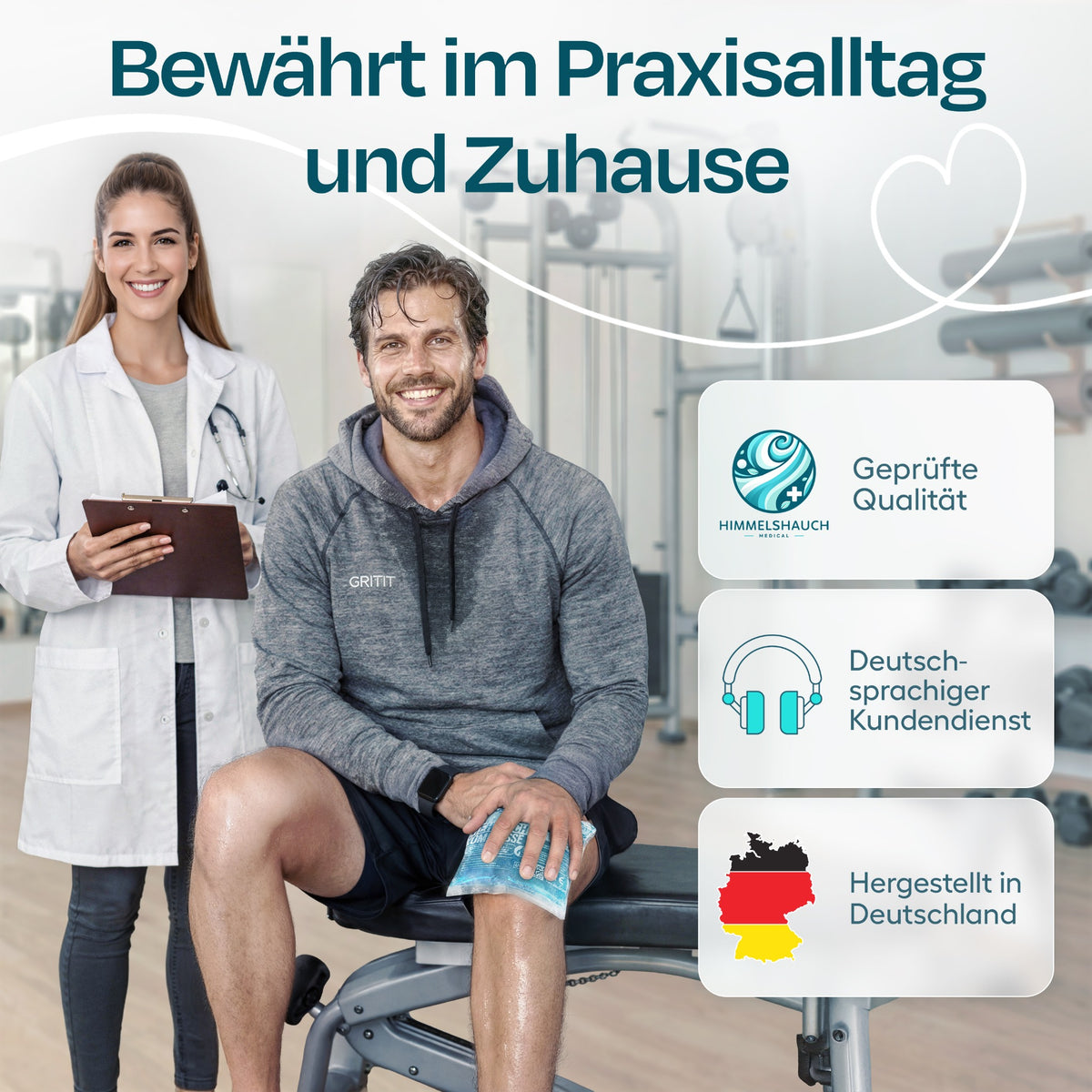 Kühlpad am Knie eines Mannes in einer Praxis – Qualität, Kundenservice und Herstellung in Deutschland