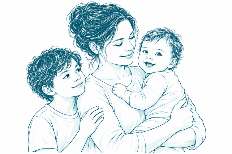 Elternteil mit Baby und älterem Kind.
