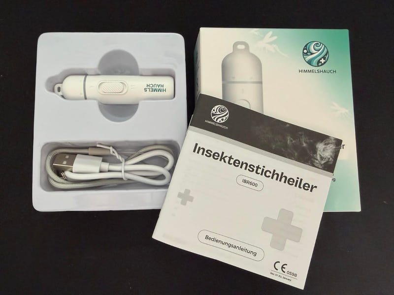 HIMMELSHAUCH Insektenstichheiler mit Ladekabel, Anleitung und Verpackung