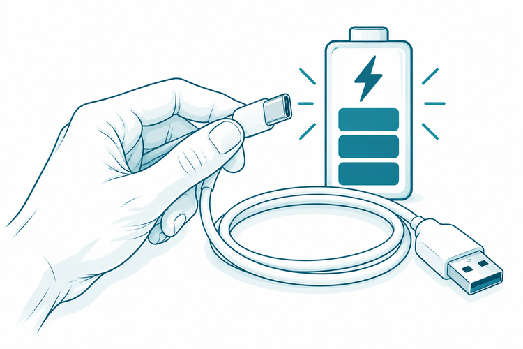Hand mit USB-C-Stecker, Ladekabel und Batteriesymbol