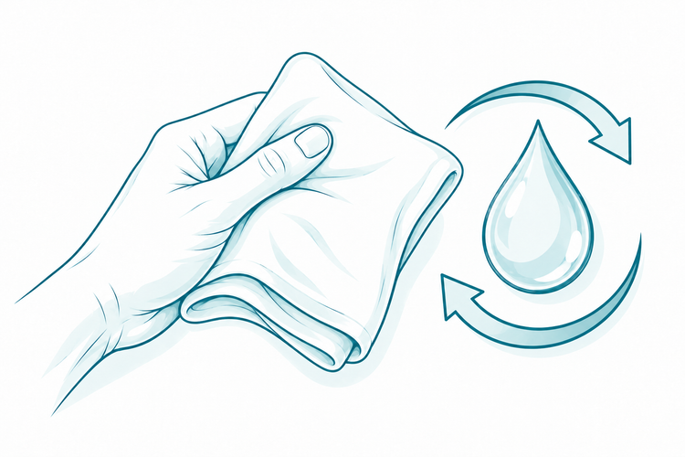 Hand mit weichem Tuch und Wassertropfen als Symbol für die Pflege