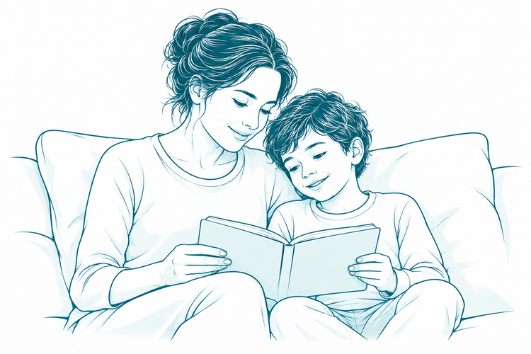 Elternteil und waches Kind beim ruhigen Lesen auf dem Sofa